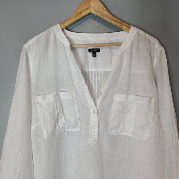 Talbots Womens Linen Blouse Top Plus 2X White Coastal Minimalist Flowy Resort - Picture 2 of 8